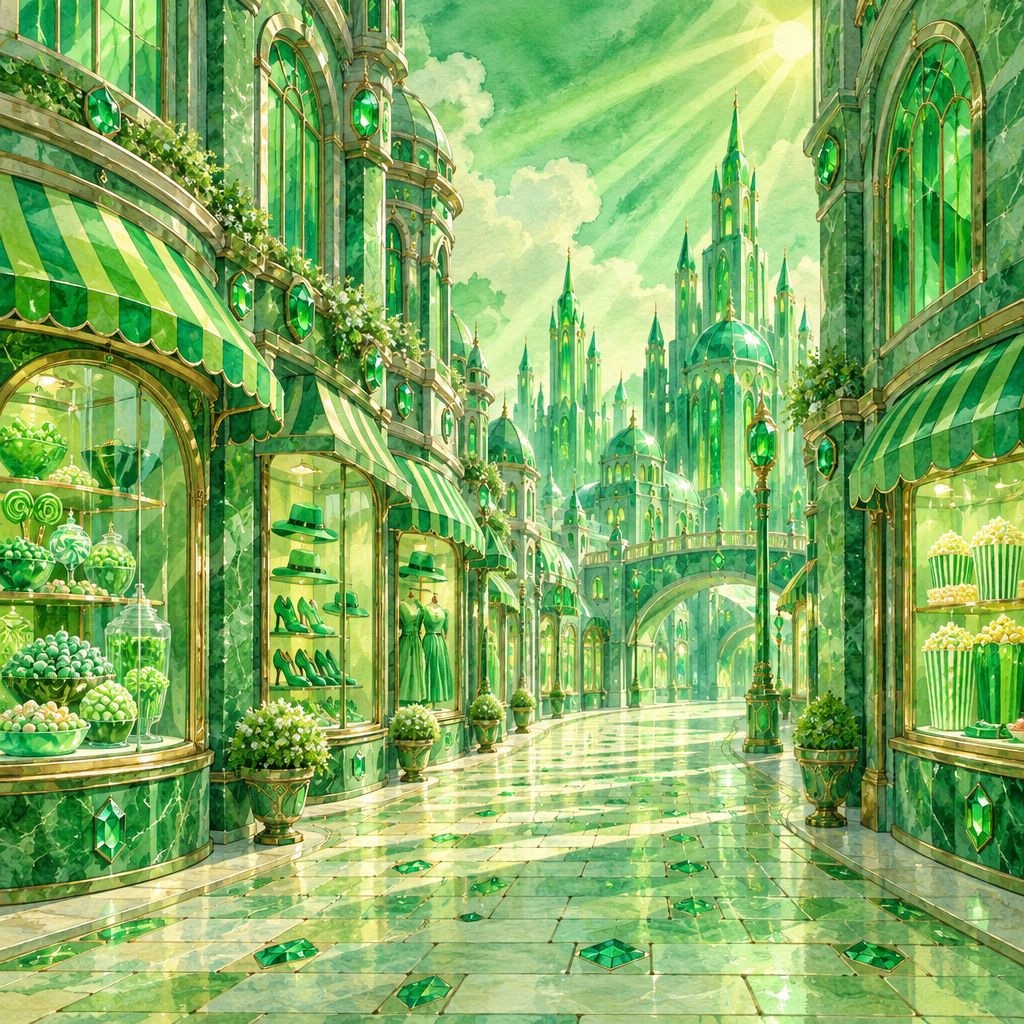 Imagine's watercolor of the Emerald City: a green marble street of shops selling green candy, popcorn, shoes, hats and dresses