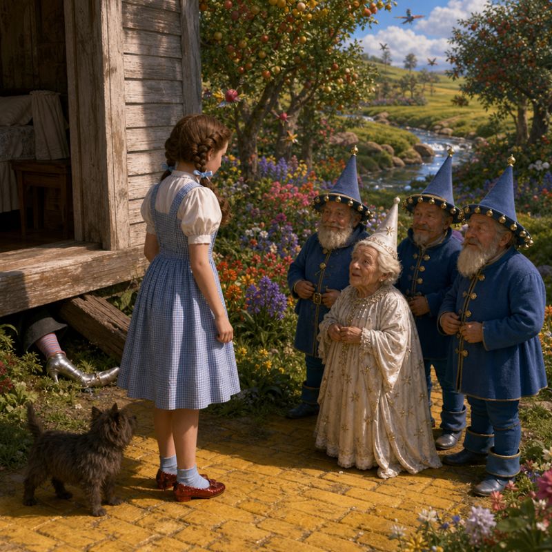 Dorothy and Toto meeting the Munchkins and the Witch of the North beside the fallen house