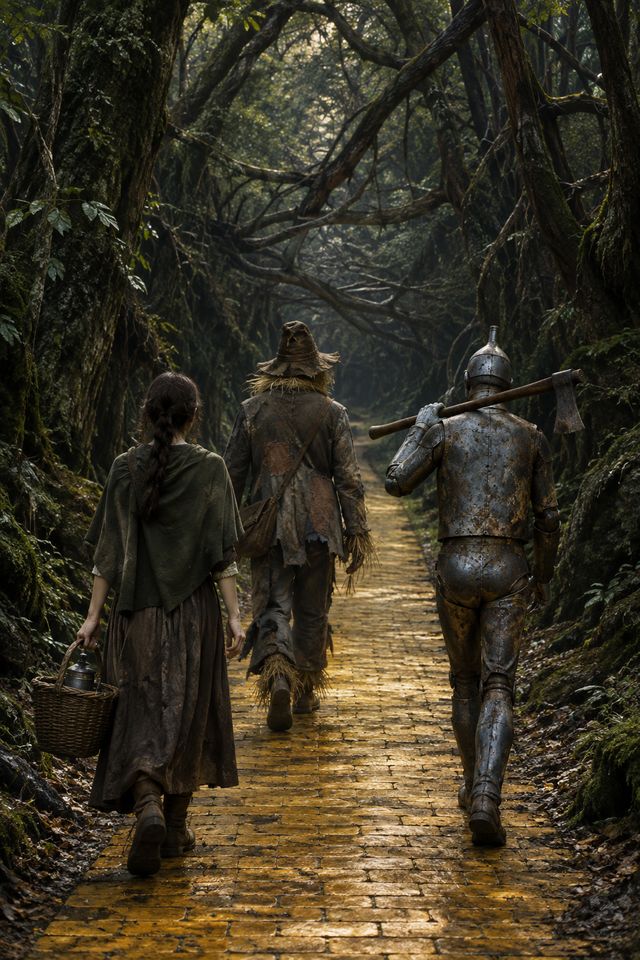 Dorothy, the Scarecrow and the Tin Woodman walking the yellow brick road through a dark forest
