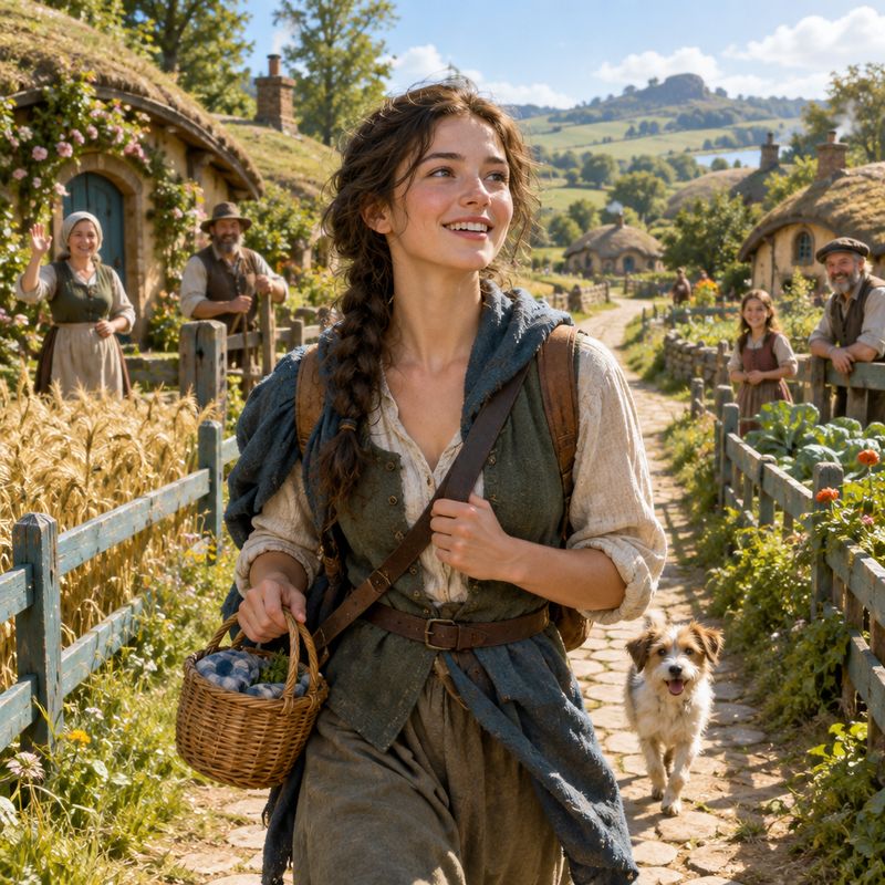 A young woman with a basket walking a cobbled lane past thatched cottages, a small dog at her heels